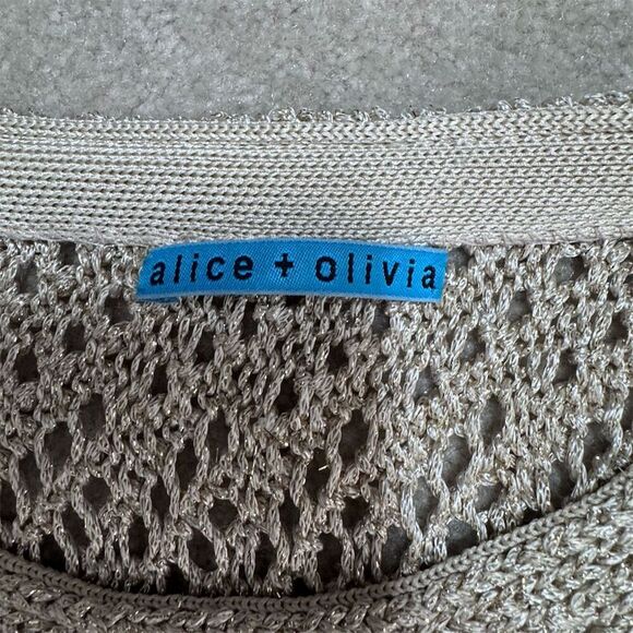 EUC Alice + Olivia XS Gold Off Shoulder Crochet Sweater Long Sleeve - Picture 3 of 7